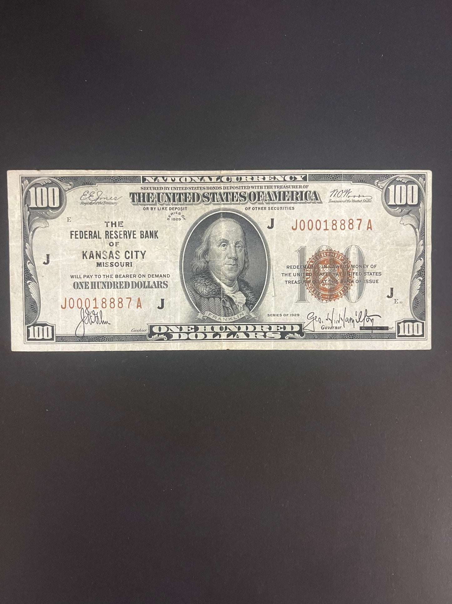 $100 1929 Type 1 Federal Reserve Note Kansas City - J00018887A