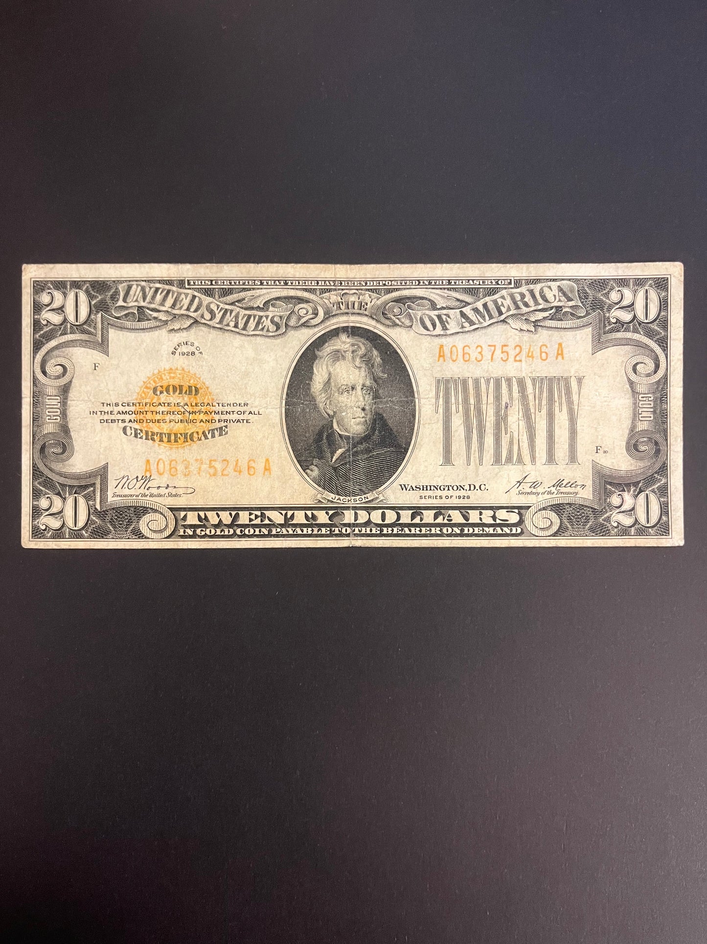 $20 1928 Gold Certificate Note - Serial A06375246A