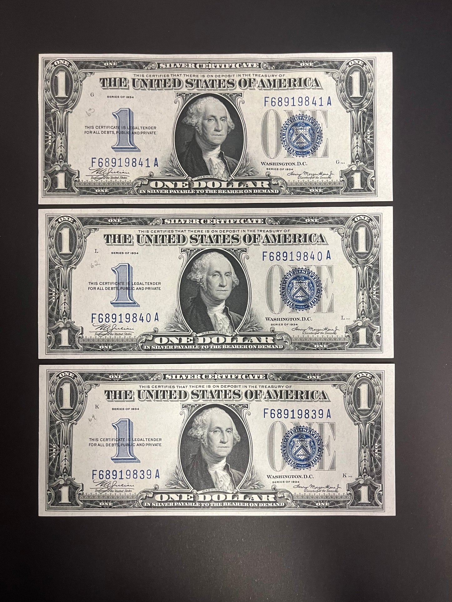 $1 1934 Silver Certificate Note - THREE CONSECUTIVE 841A-839A