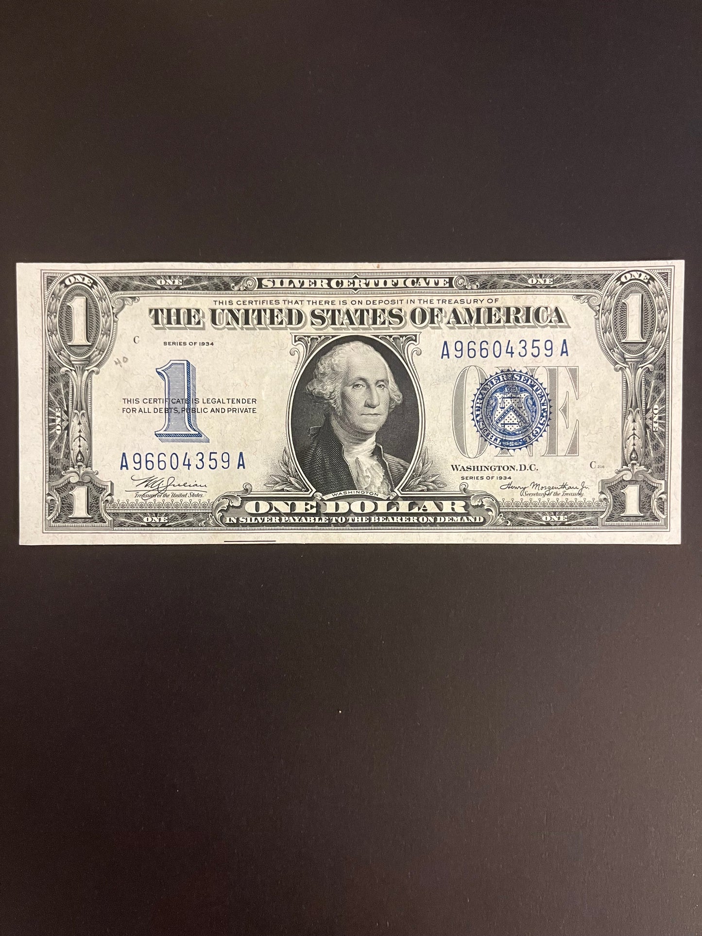 $1 1934 Silver Certificate Note - Serial A96604359A
