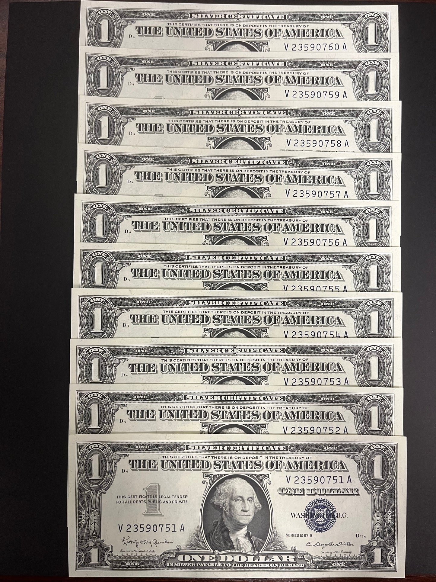 $1 1957 Silver Certificate Note Ten Consecutive 760A-751A