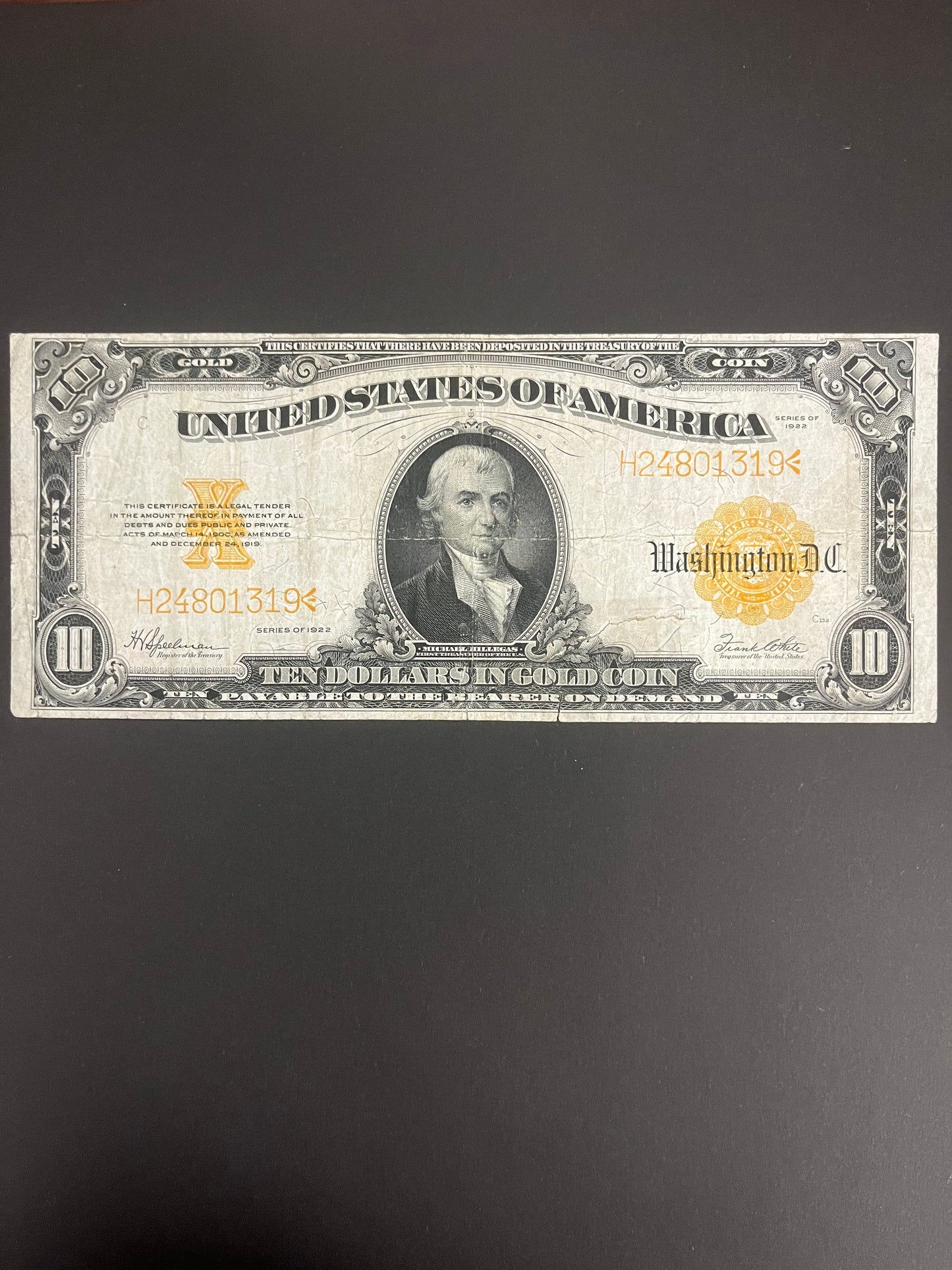 $10 1922 Gold Certificate Note 1319A