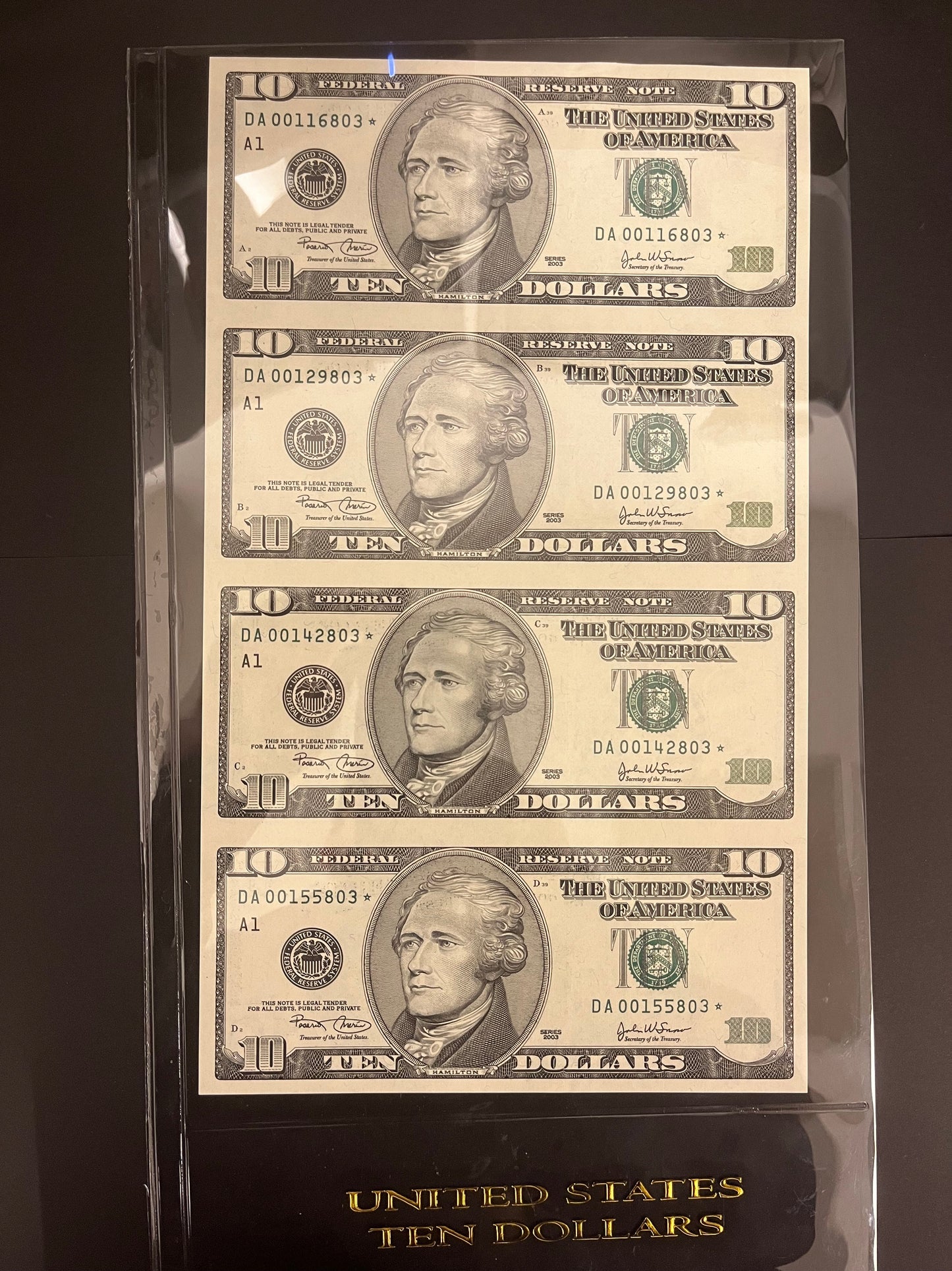 $10 2003 Federal Reserve Note Uncut Sheet Four Star Low