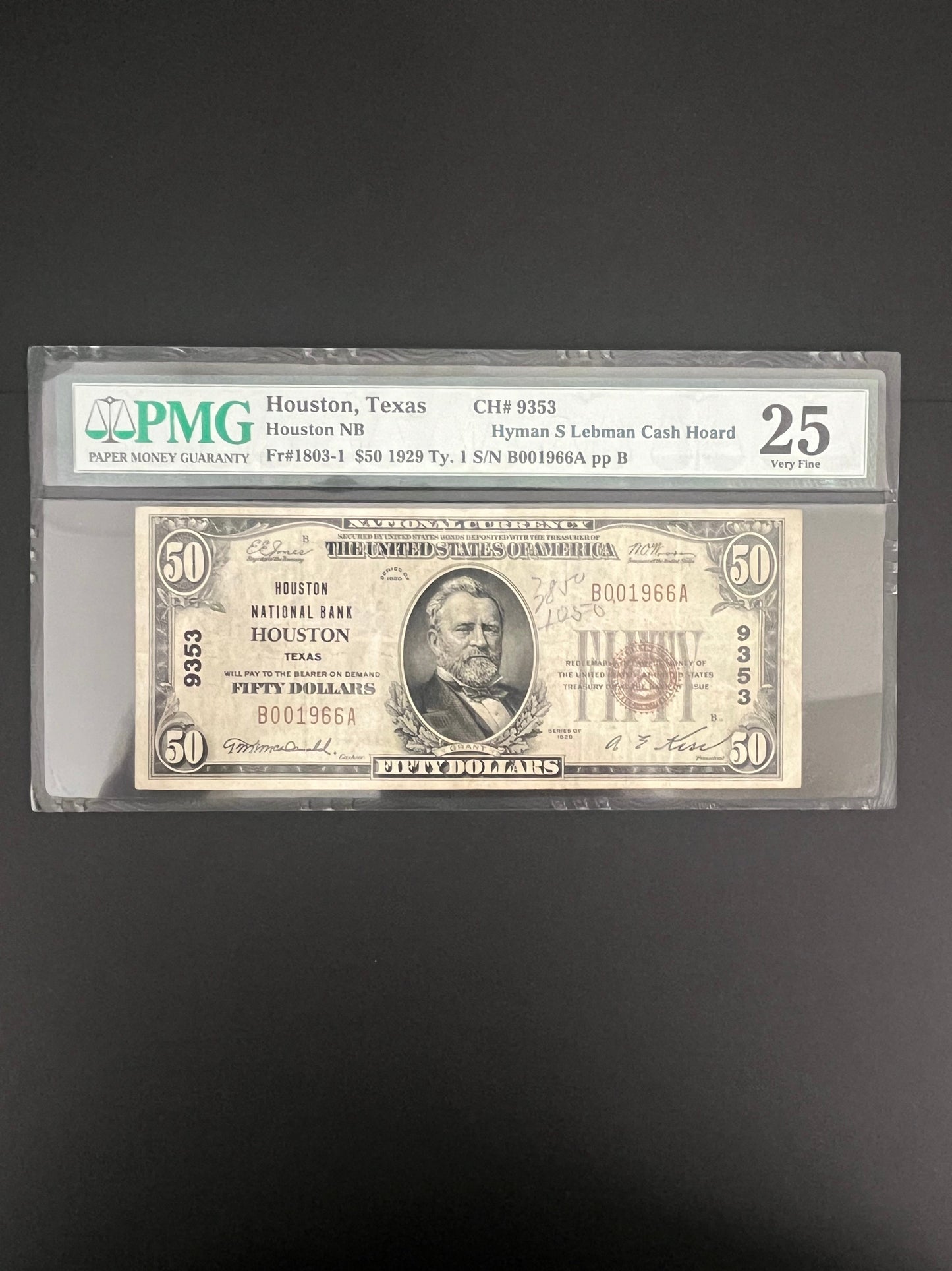 1929 $50 Houston TX National Bank - 966A Graded PMG 25 VF