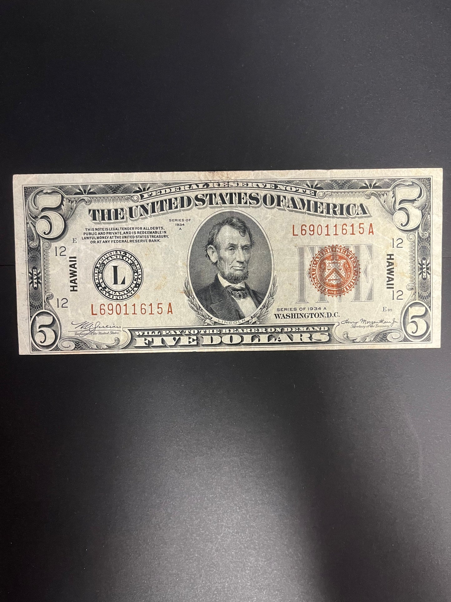 1934A $5 Hawaii Emergency Issue Note - WWII Brown Seal US Paper Money -1615A