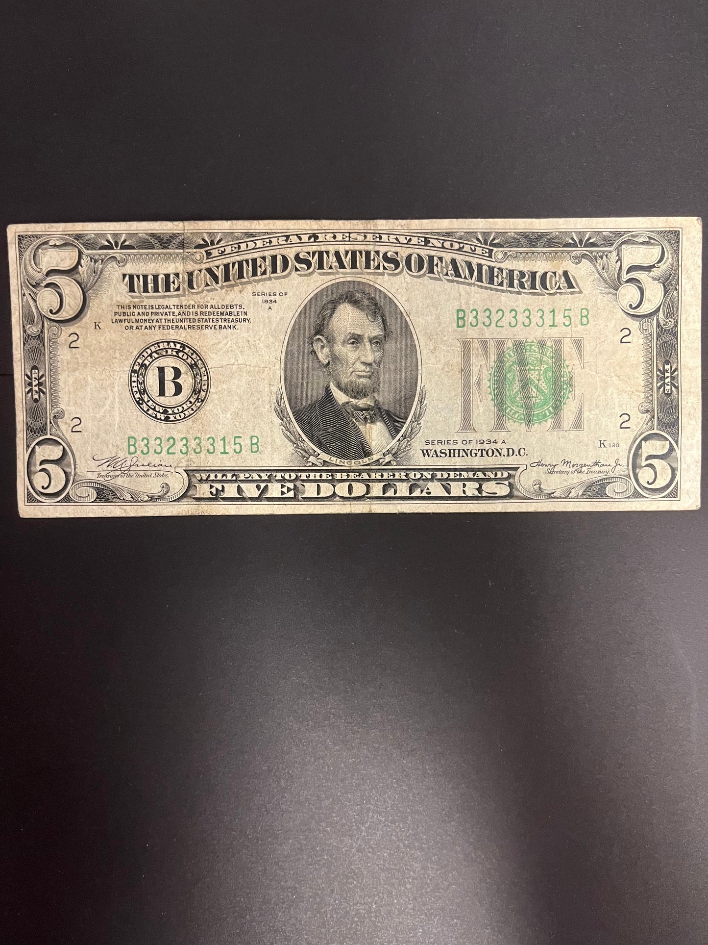 1934A $5 Federal Reserve Note - Green Seal 3315B