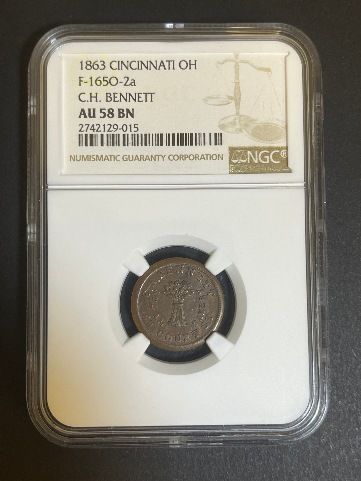 1863 Cincinnati OH Civil War Token F-1650-2a C.H. Bennett AU 58 BN NGC