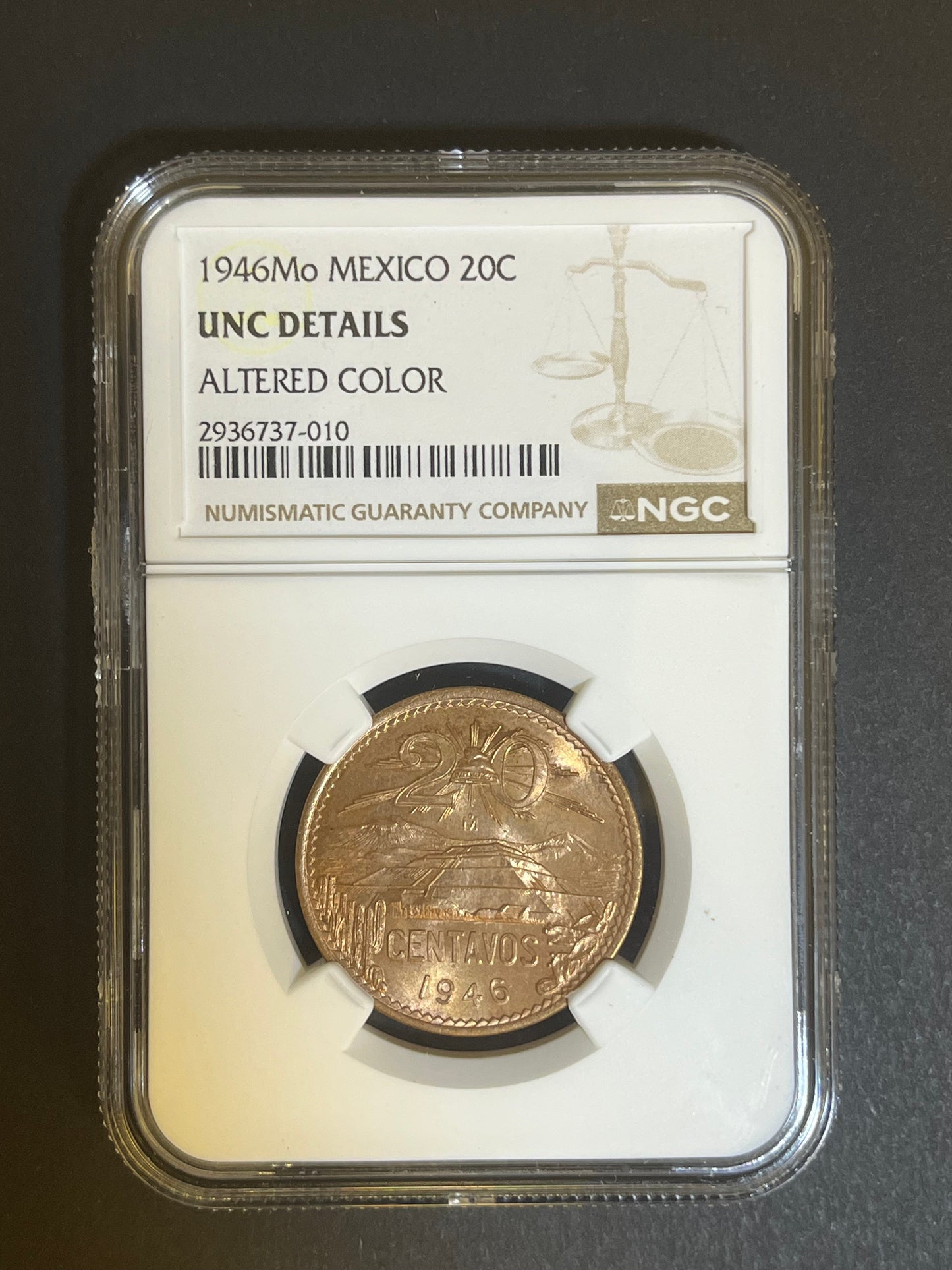 1946 Mexico 20 Centavos NGC UNC Details - Altered Color - Volcano Design