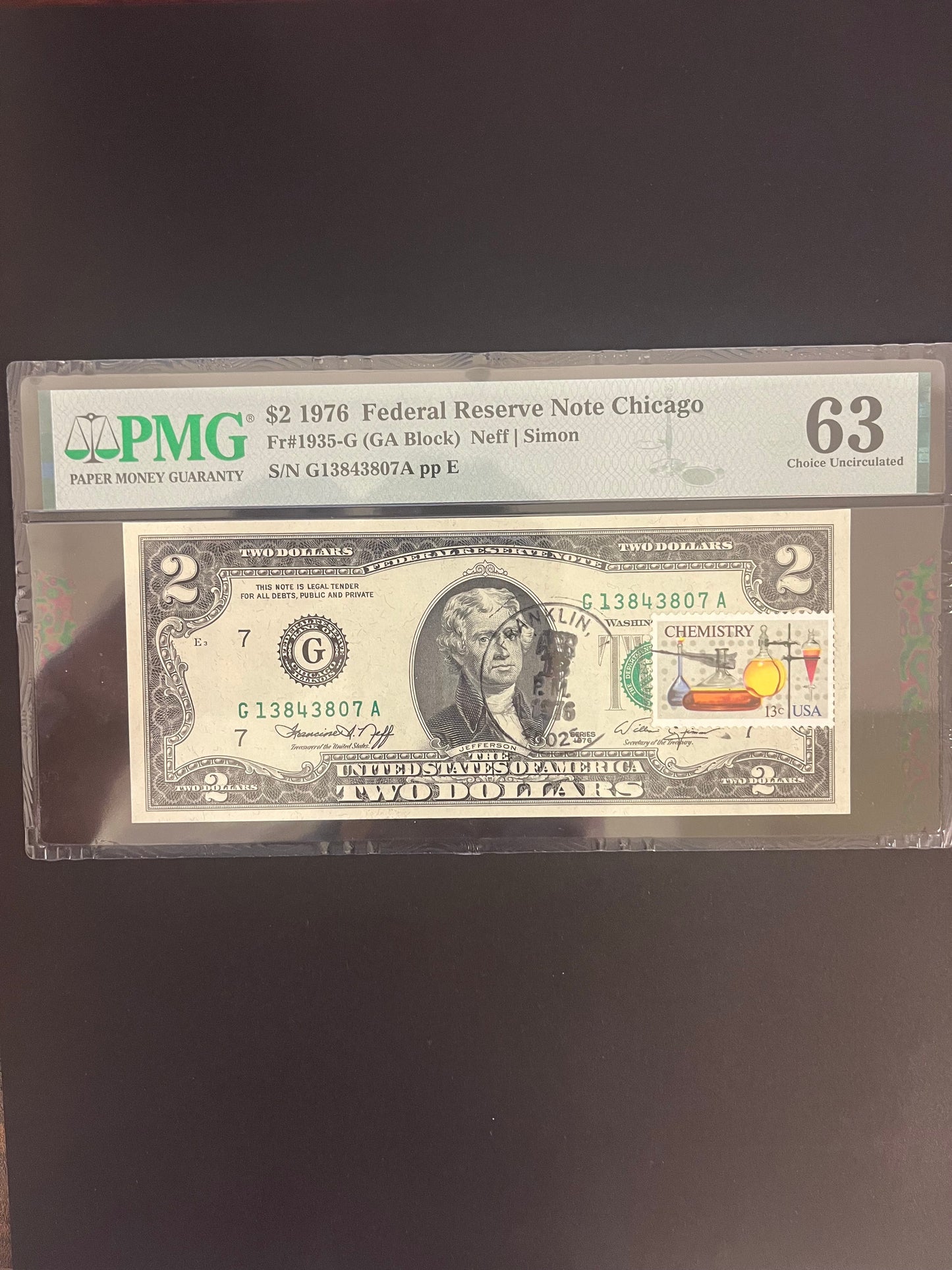 $2 1976 First Day Cancel Federal Reserve Note - Chemistry Stamp PMG 63