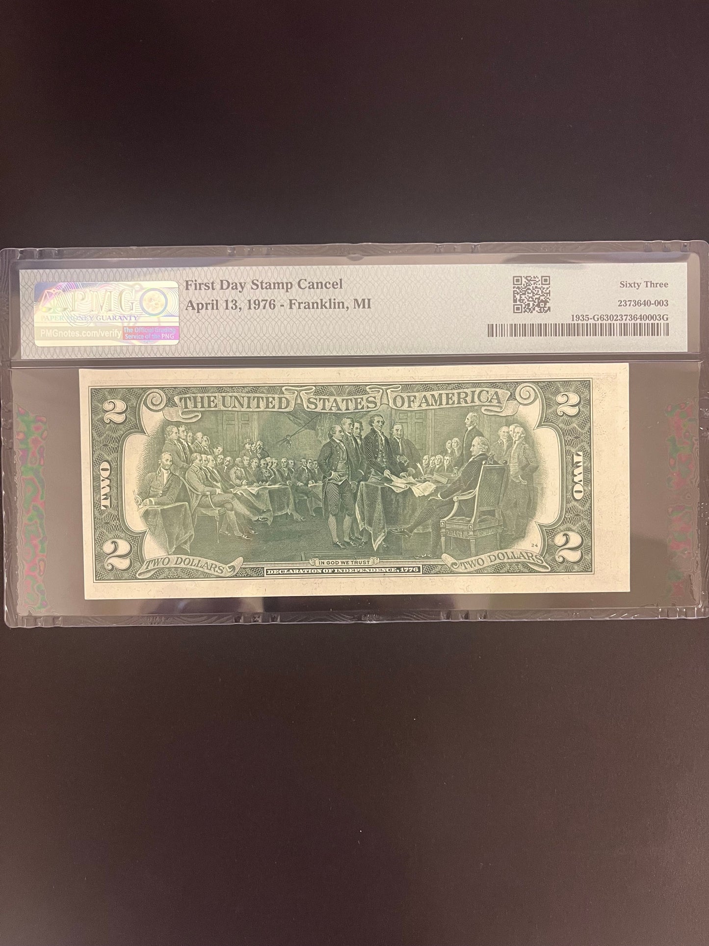 $2 1976 First Day Cancel Federal Reserve Note - Chemistry Stamp PMG 63