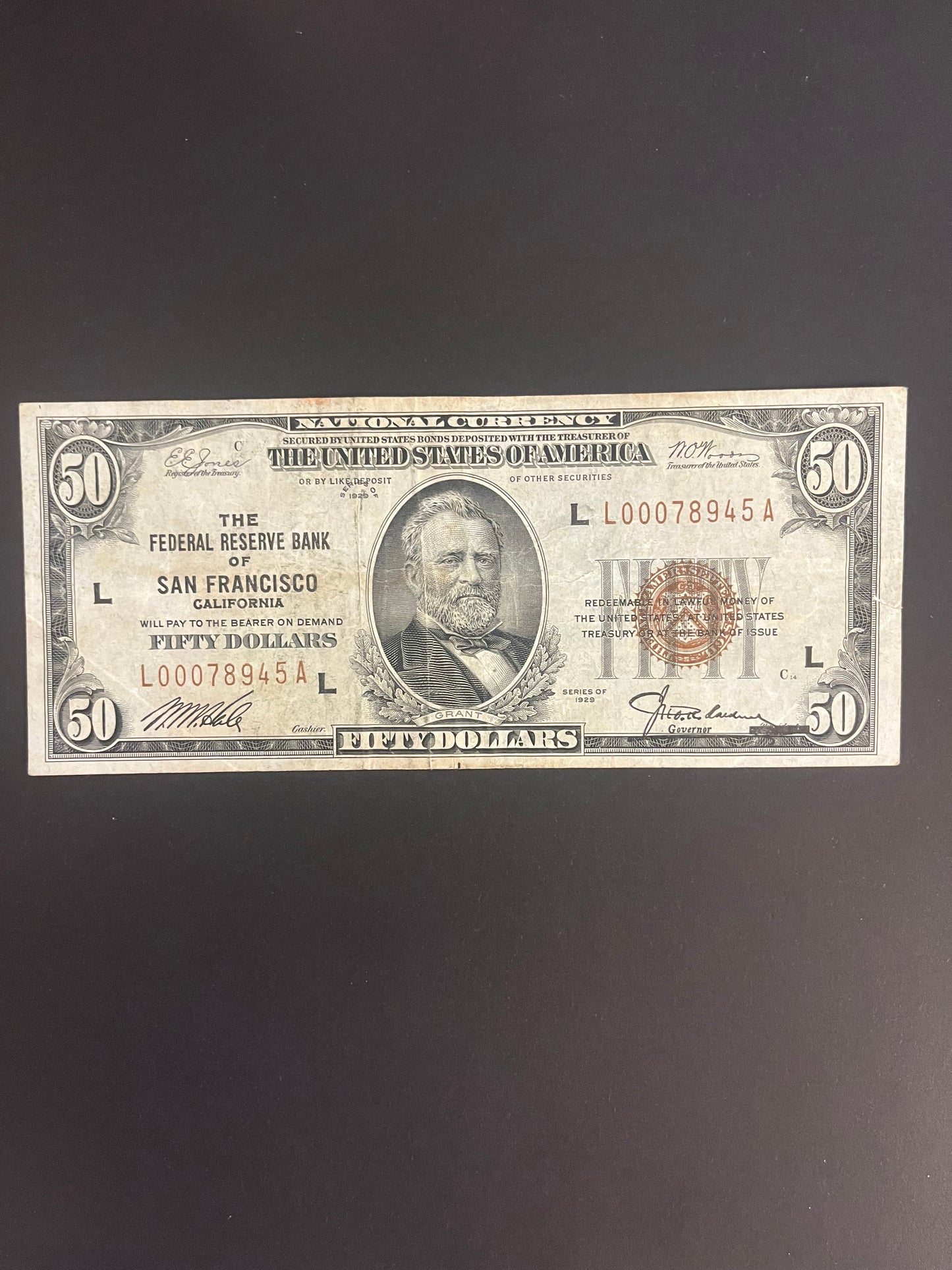 $50 1929 Type 1 Federal Reserve Bank Note San Francisco - L00078945A