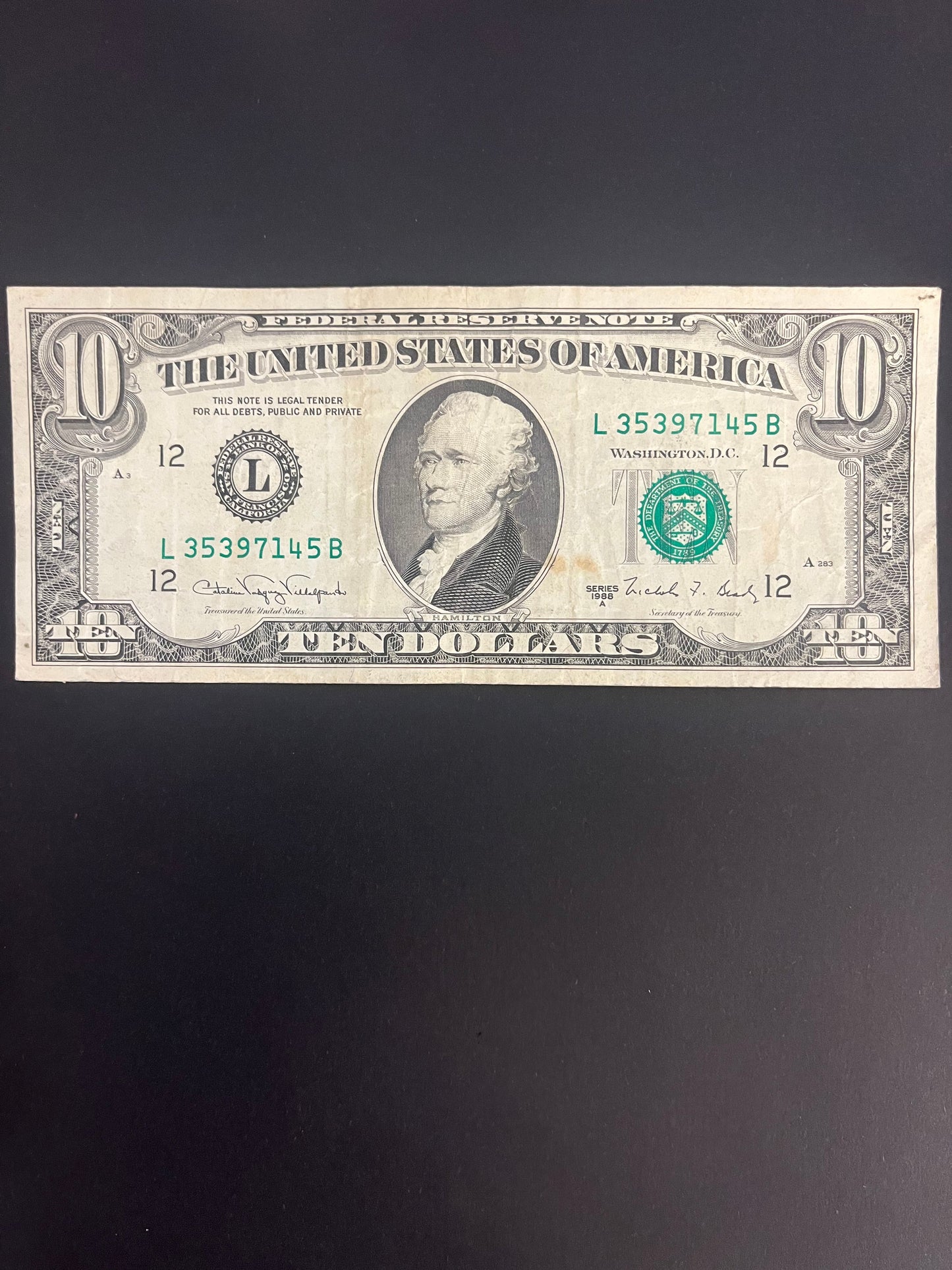 $10 1988 Series Note - Serial L35397145B
