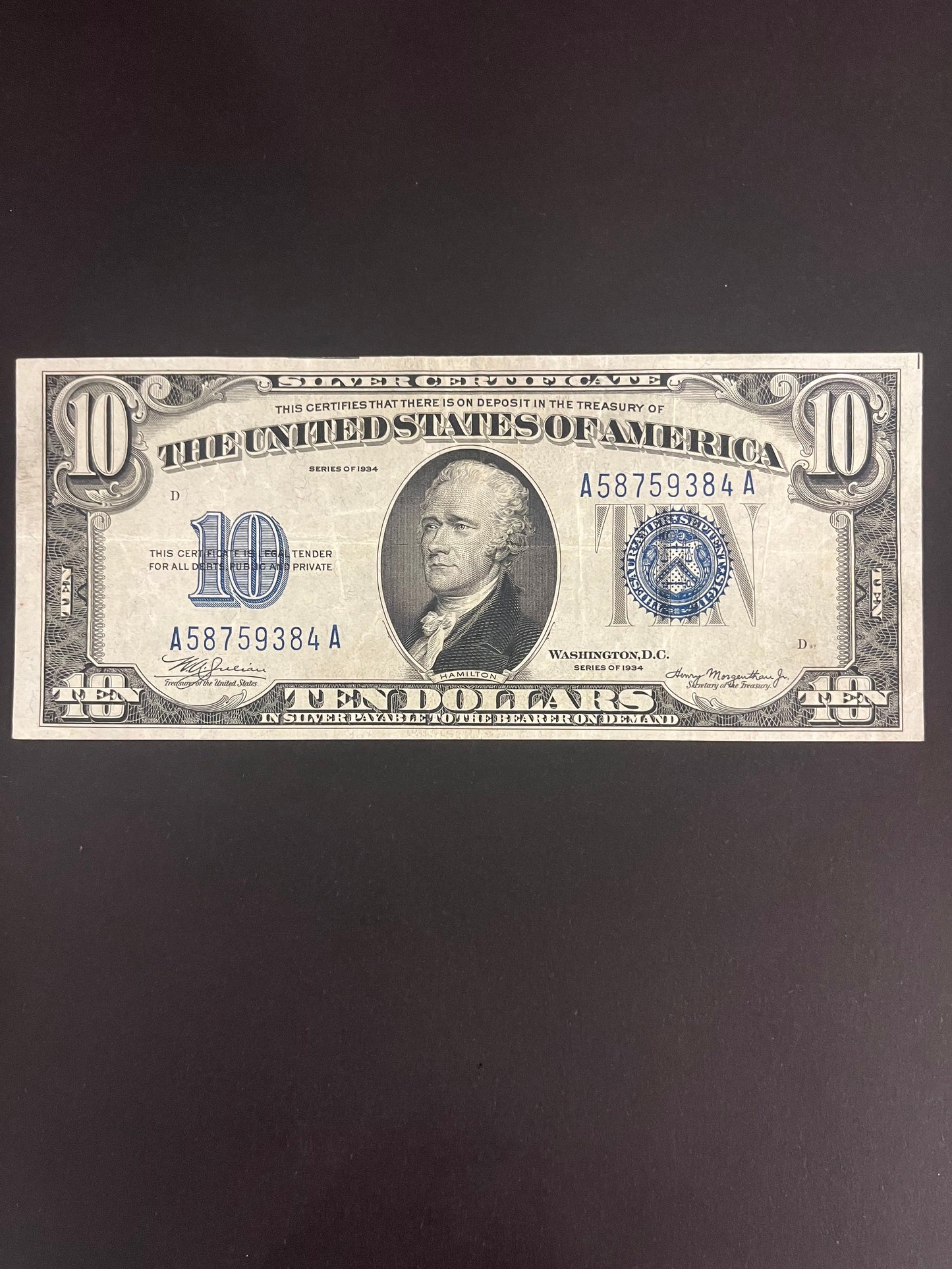 $10 1934 Series Note - Serial A58759