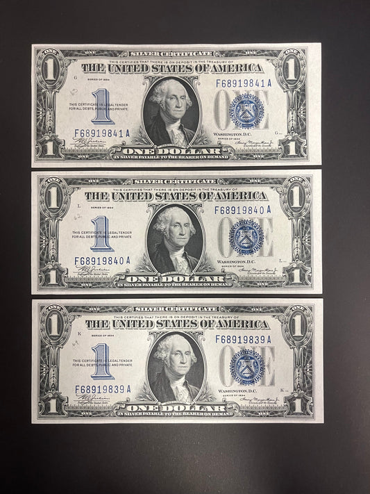 $1 1934 Silver Certificate Note - THREE CONSECUTIVE 841A-839A