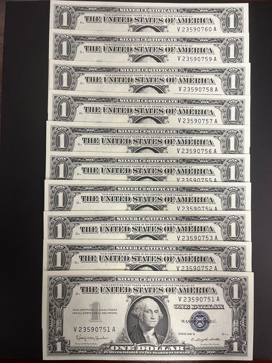 $1 1957 Silver Certificate Note Ten Consecutive 760A-751A
