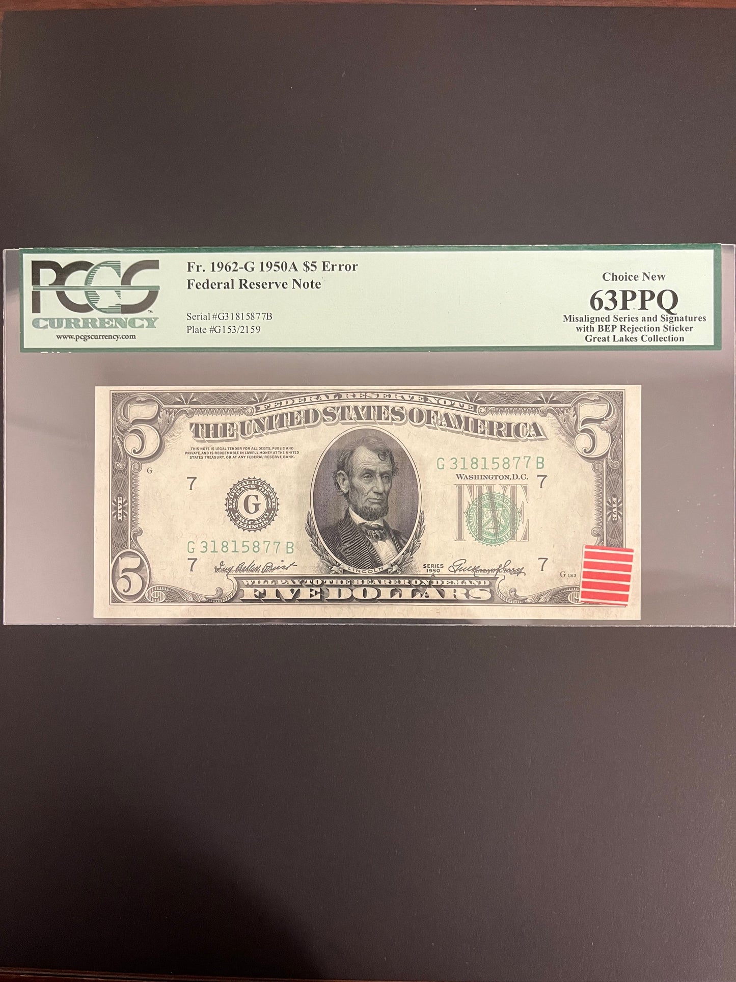 $5 1950 Federal Reserve Error Note BEP Rejection Sticker 877B