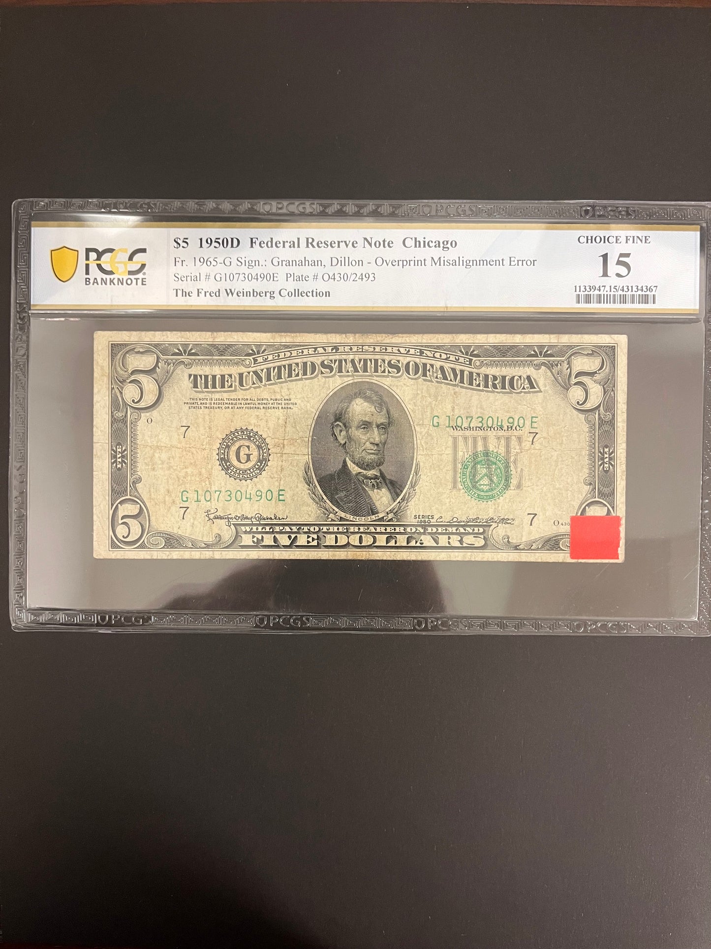 $5 1950 Federal Reserve Error Note BEP Rejection Sticker 490E