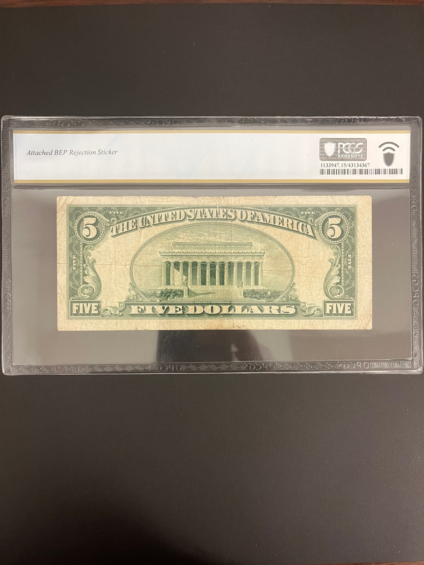$5 1950 Federal Reserve Error Note BEP Rejection Sticker 490E