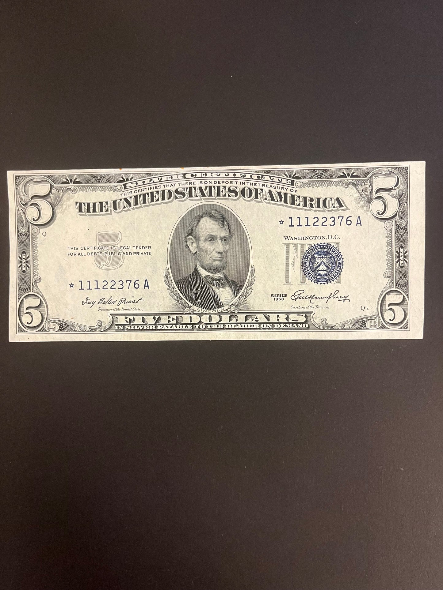 $5 1953 STAR Silver Certificate - 11122376A