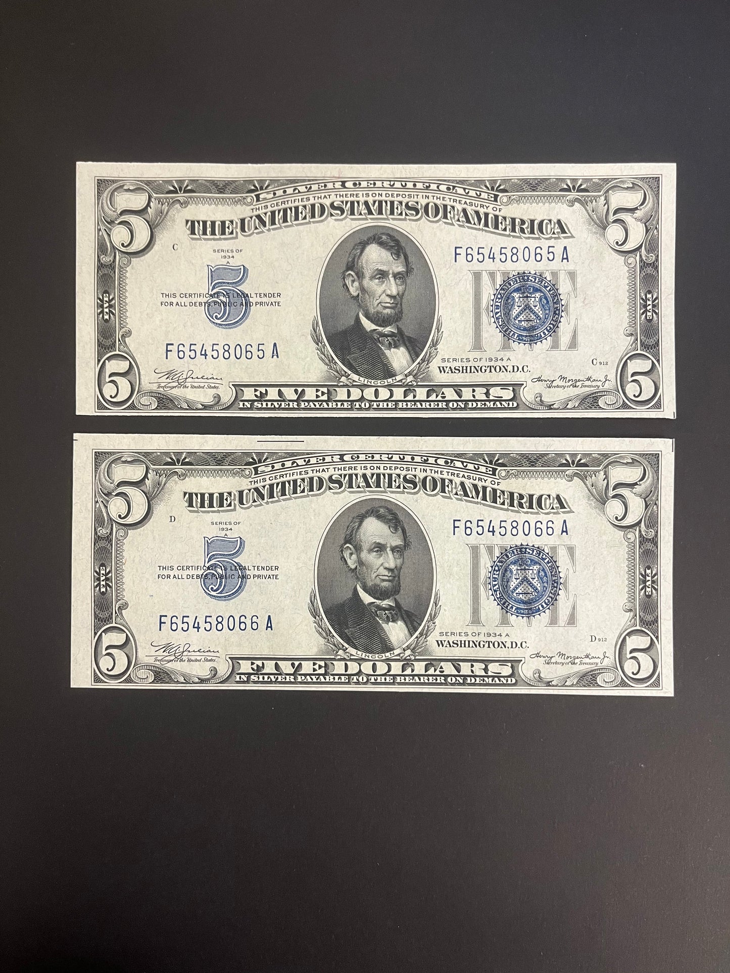 $5 1934 Silver Certificate Two Consecutive  65A - 66A