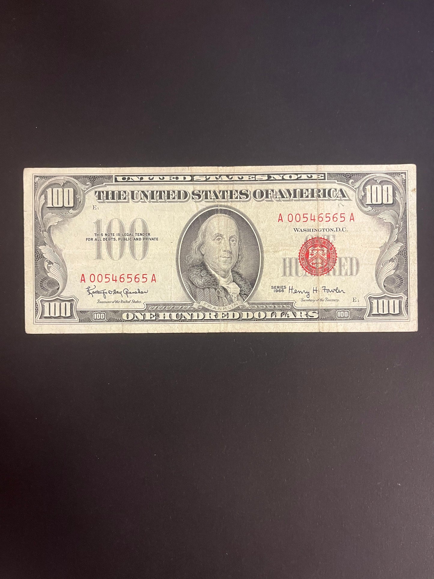 $100 1966 Legal Tender Note - A00546565A