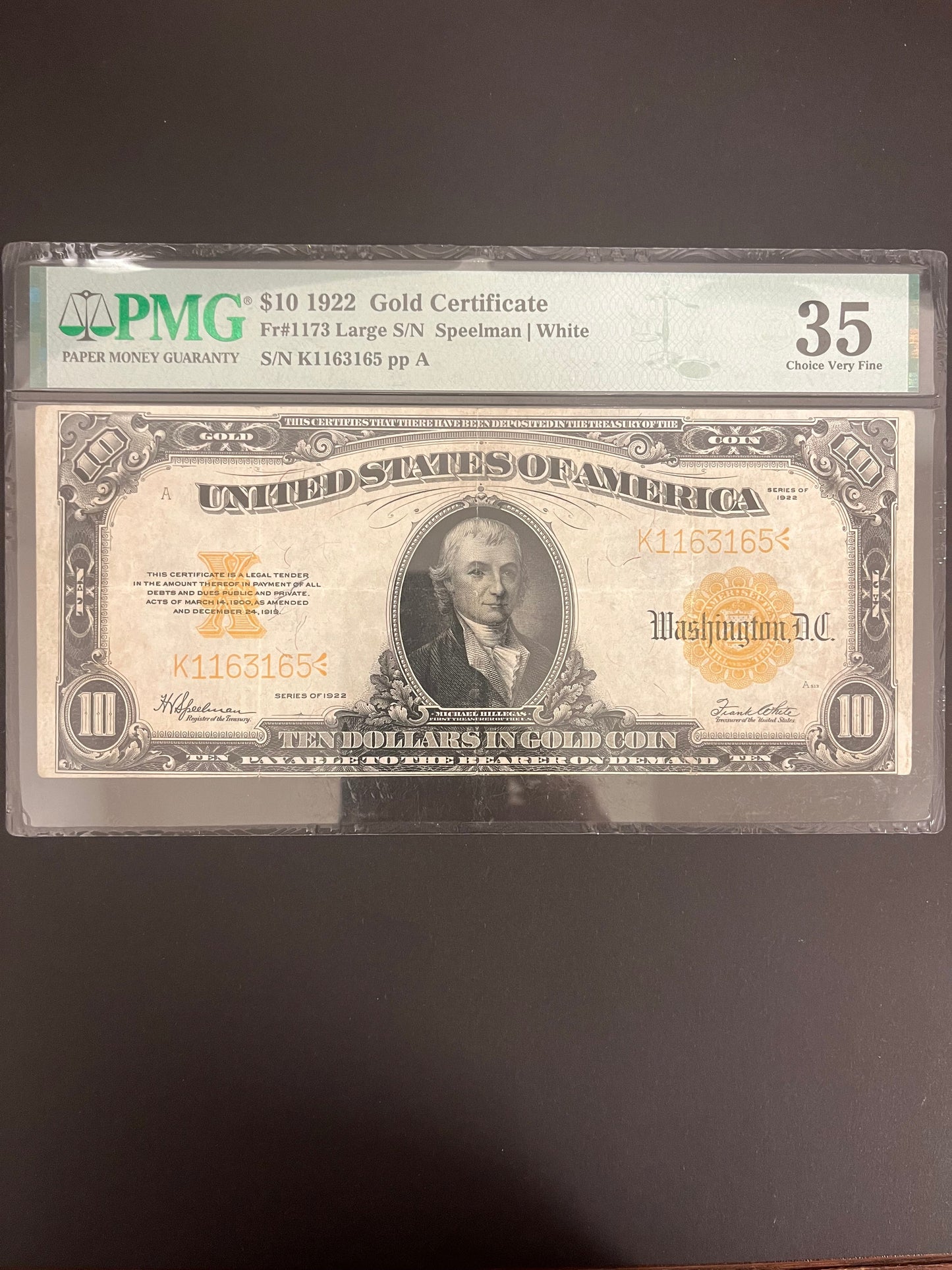 $10 1922 Gold Certificate PMG 35 Speelman|White 3165