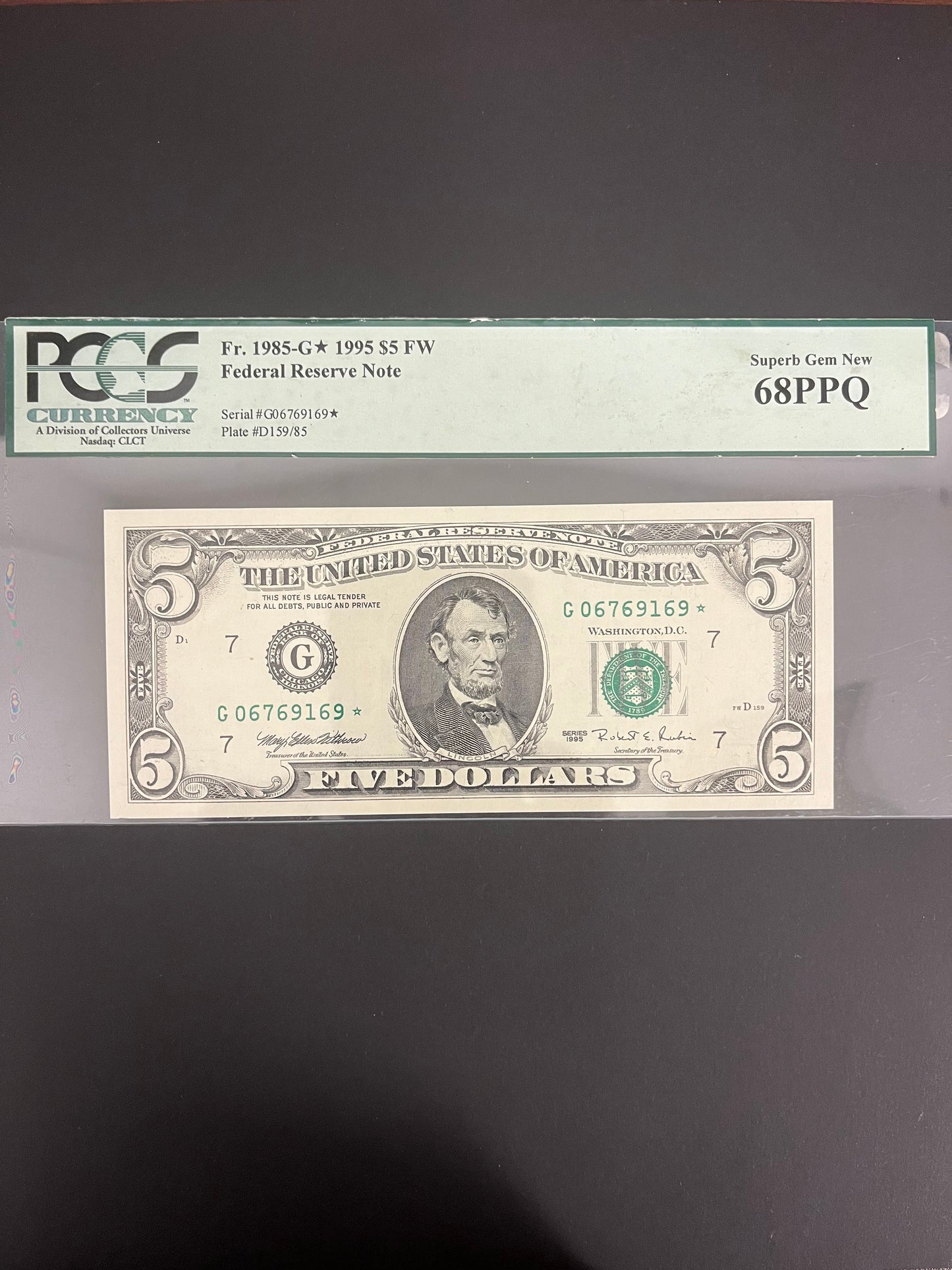 $5 1985 Star Federal Reserve Note 9169