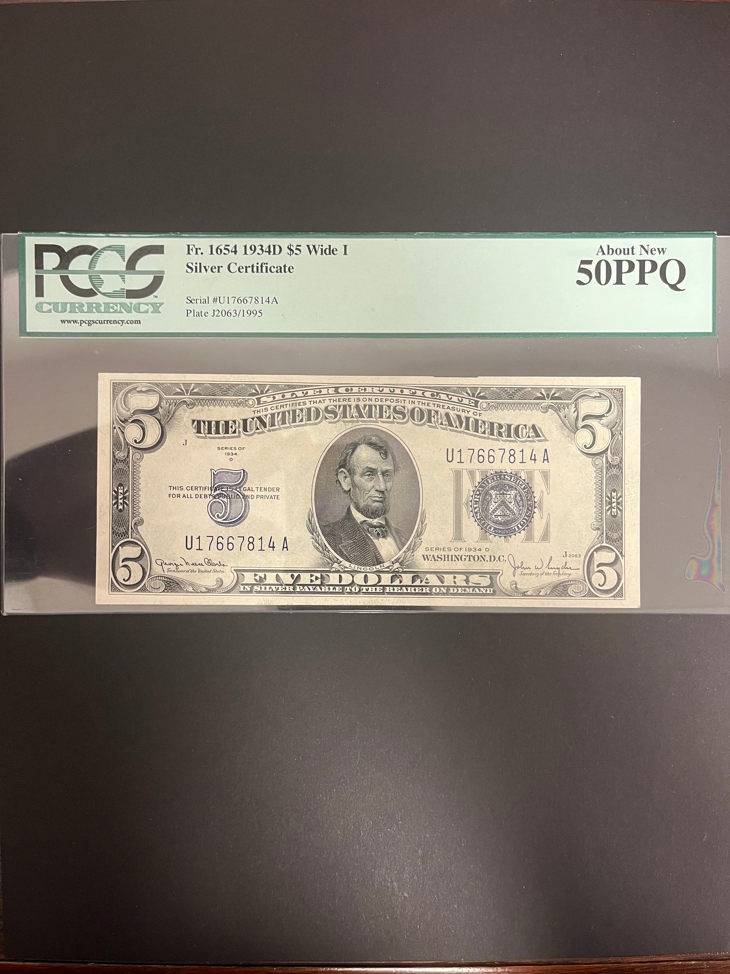 $5 1934D Silver Certificate PCGS 50PPQ 7814A Wide I