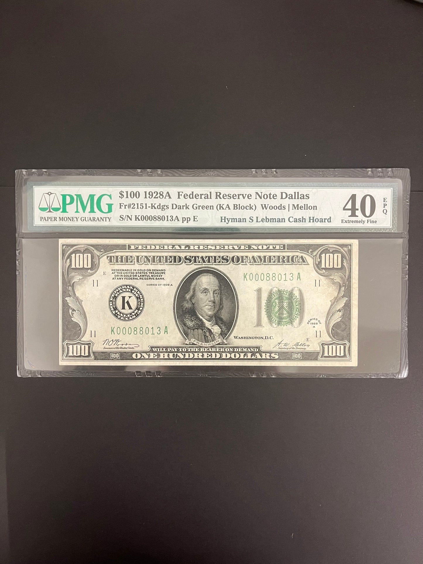 $100 1928 Federal Reserve Note Dallas Texas PMG 40EPQ 8013A