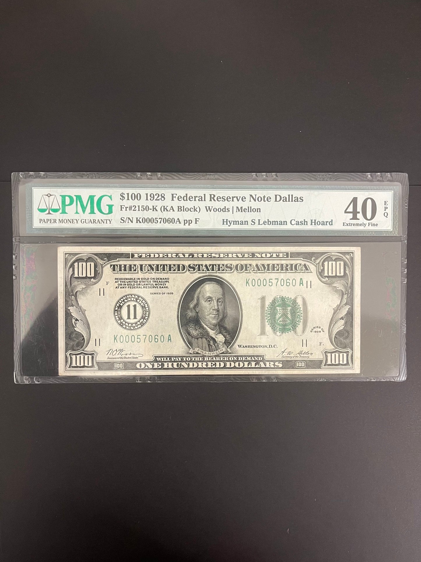 $100 1928 Federal Reserve Note Dallas Texas PMG 40EPQ 7060A