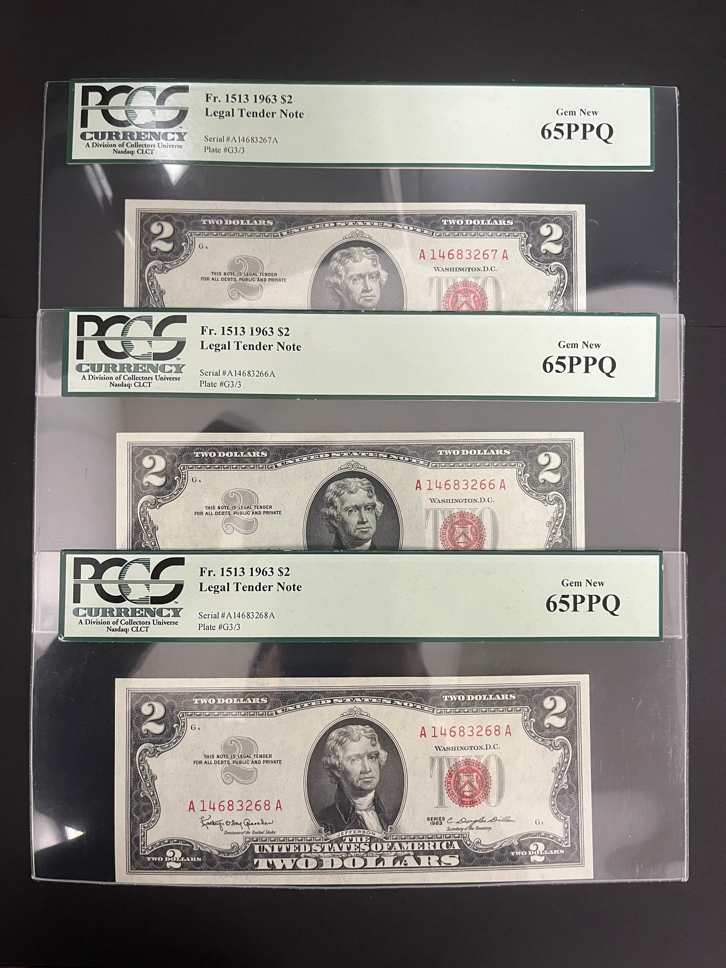 $2 1963 Legal Tender Note - PCGS 65PPQ THREE CONSECUTIVE NOTES 6-7-8