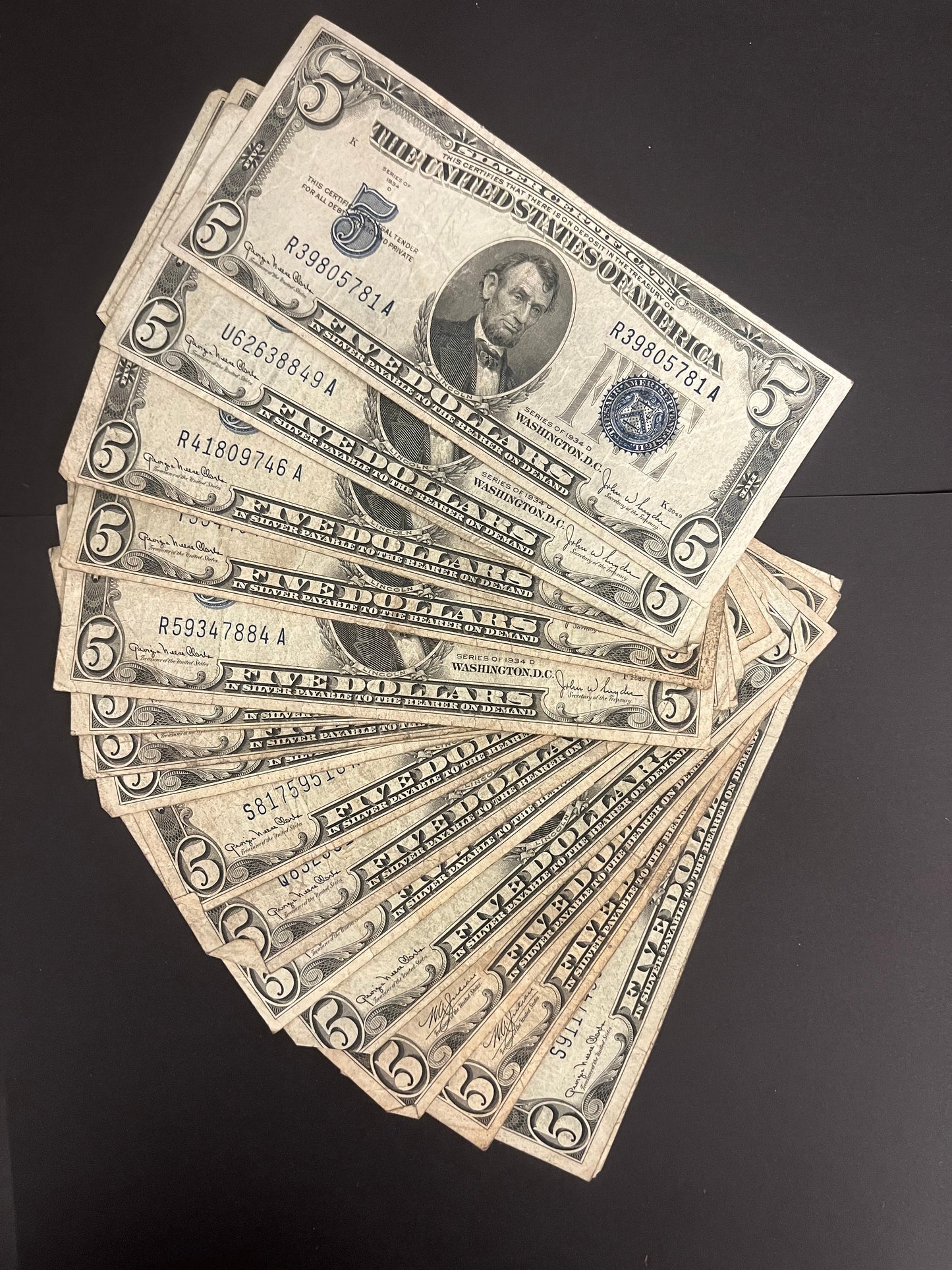 $5 1934 - PACK OF 3 Silver Certificates Avg. Circ
