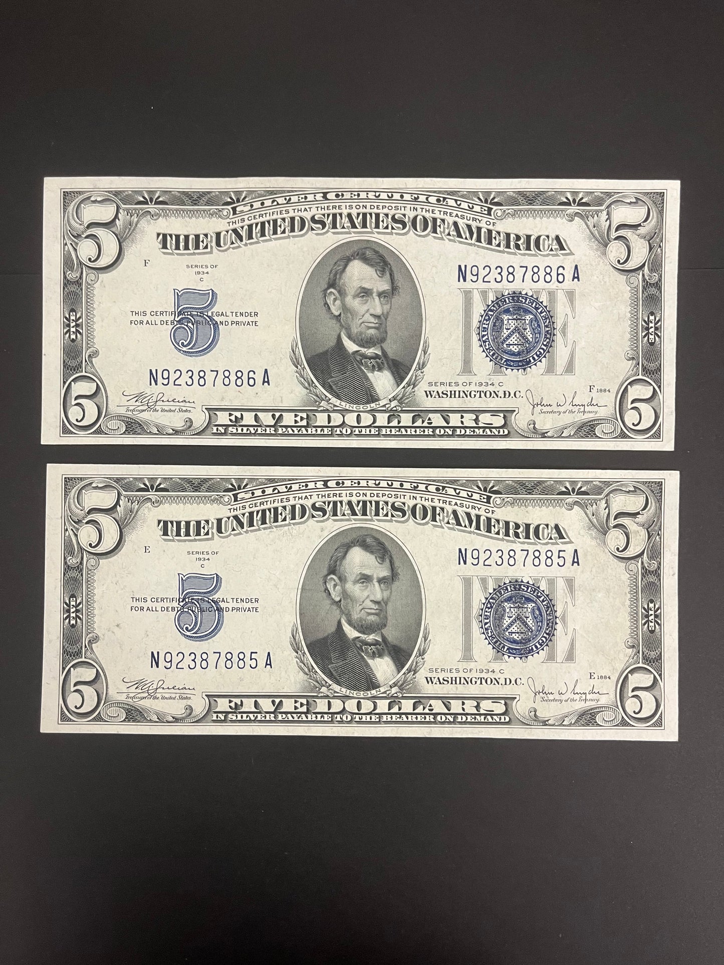 $5 1934 Two Consecutive Silver Certificates GEM Unc