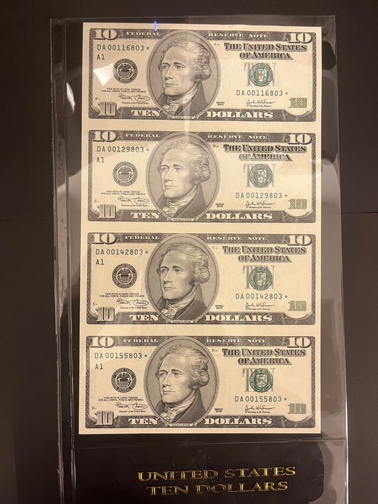 $10 2003 Federal Reserve Note Uncut Sheet Four Star Low