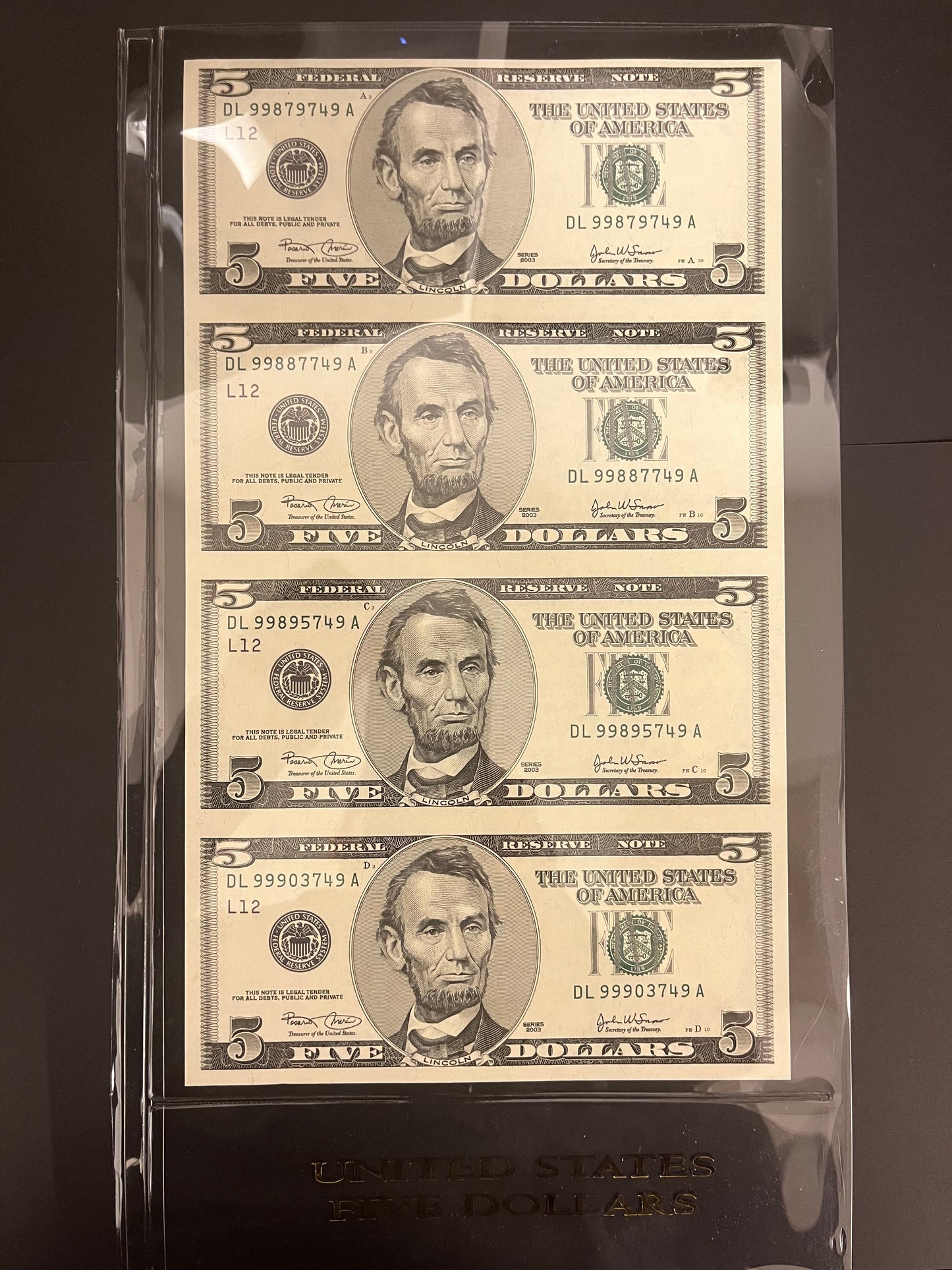 $5 2003 Federal Rserve Note Unuct Sheet Four