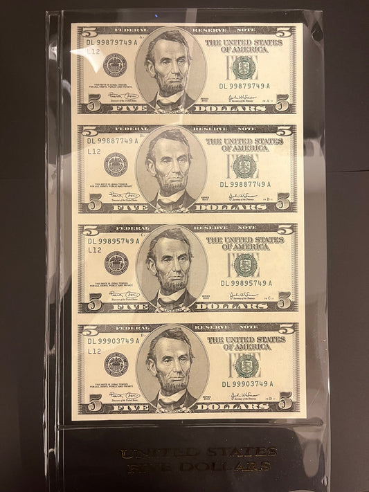 $5 2003 Federal Rserve Note Unuct Sheet Four
