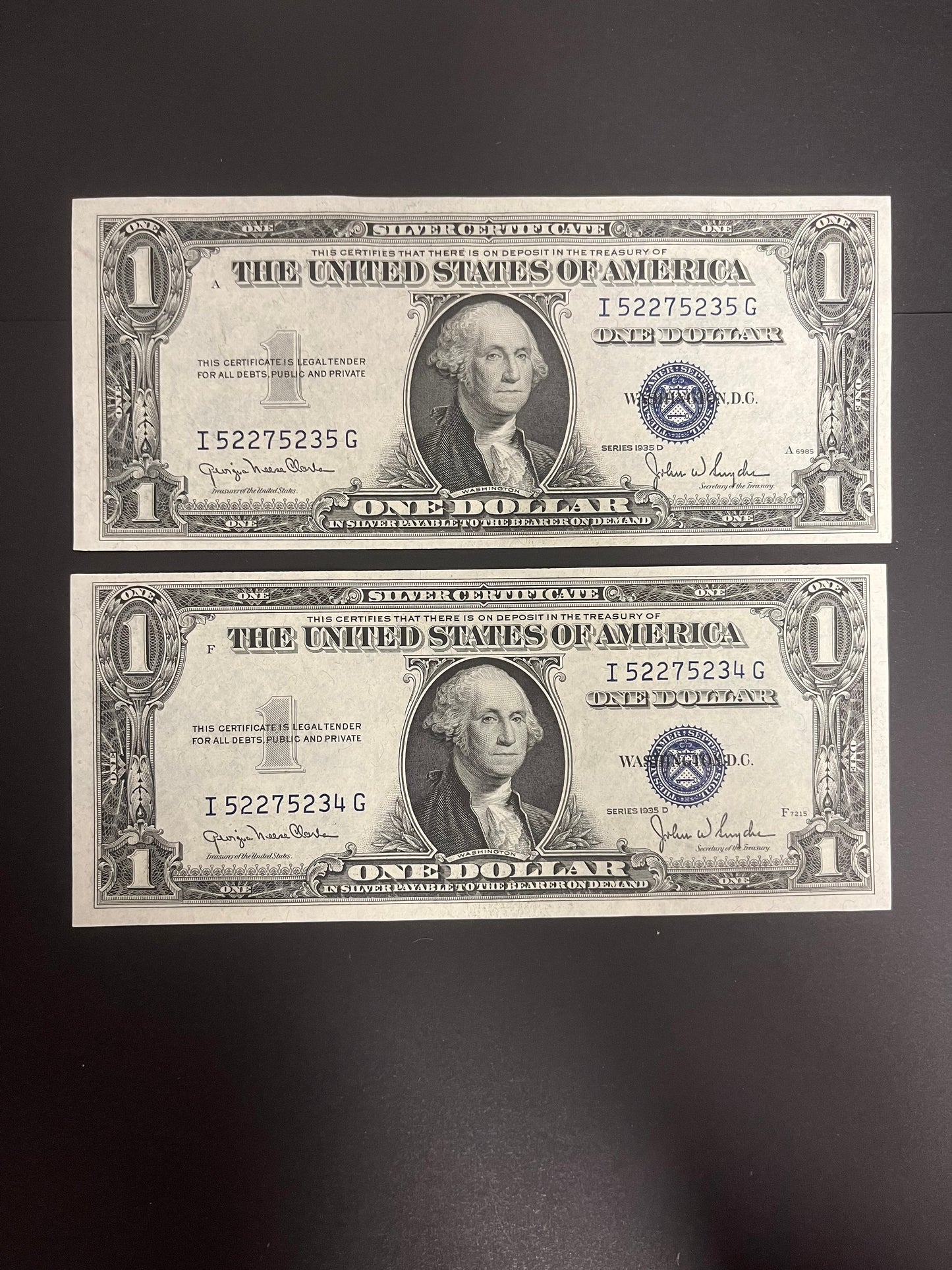 $1 1935D Silver Certificates Two Consecutive 235G-234G