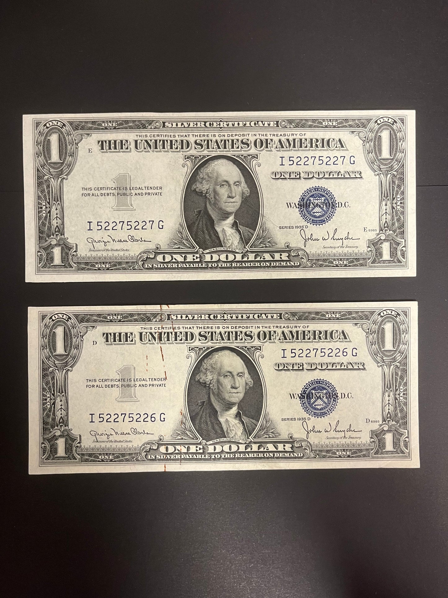 $1 1935D Silver Certificates Two Consecutive 227G-226G