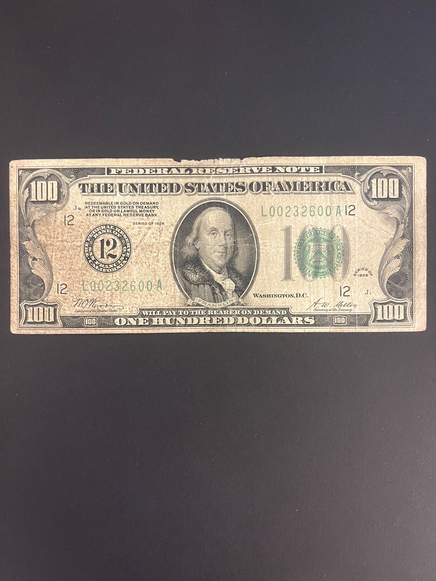 1928 $100 Federal Reserve Note San Francisco L12  - 2600A