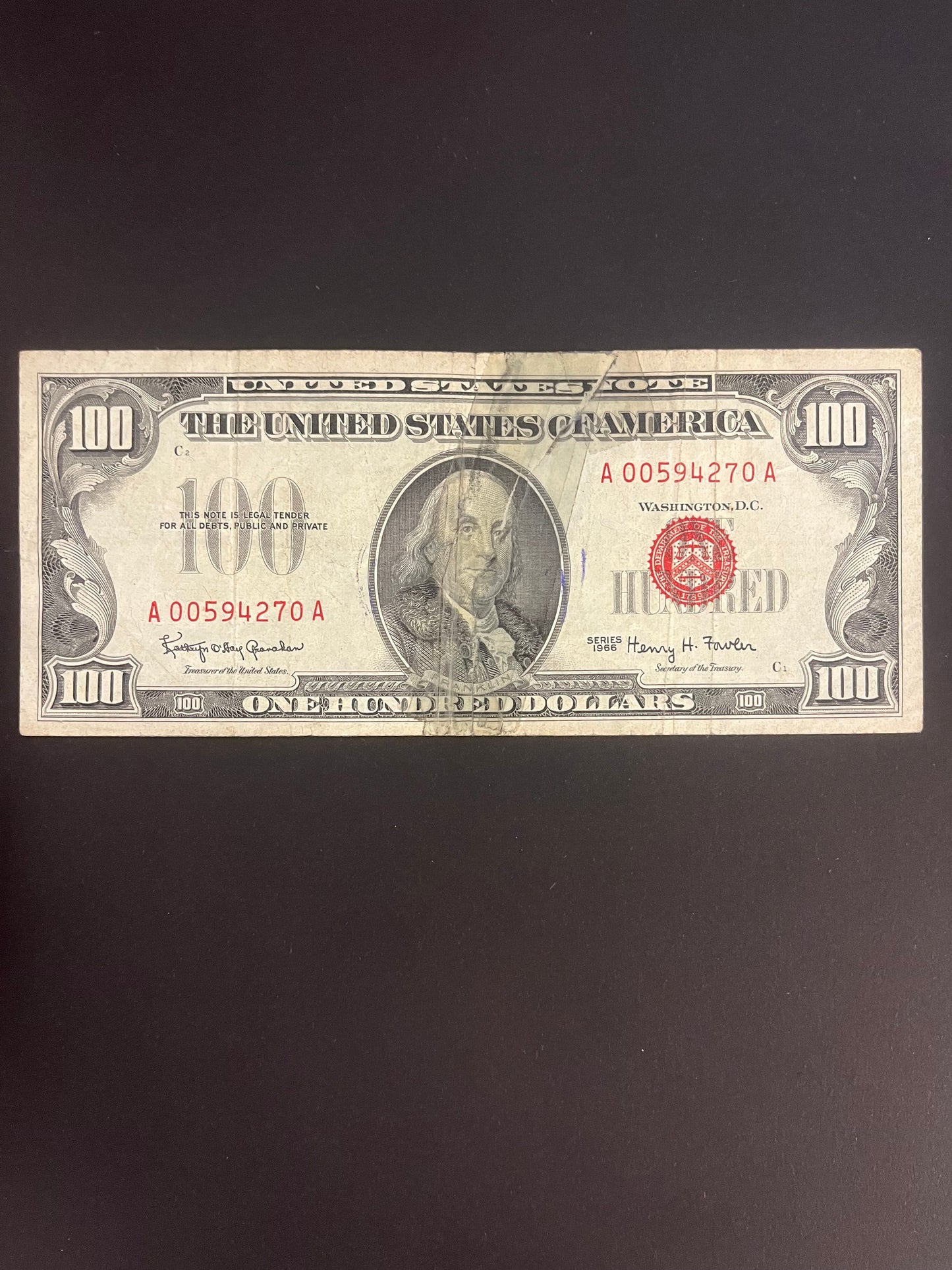 1966 $100 Red Seal Legal Tender Note - 4270A