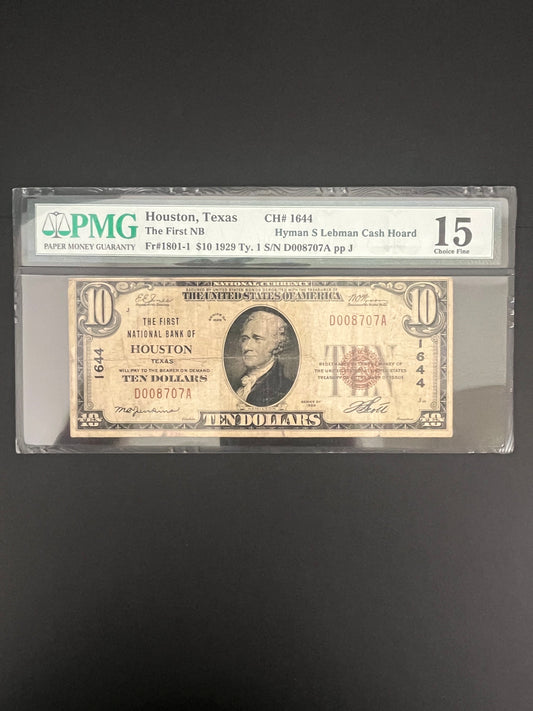 1929 $10 Houston TX First NB National Currency - 8707A PMG 15