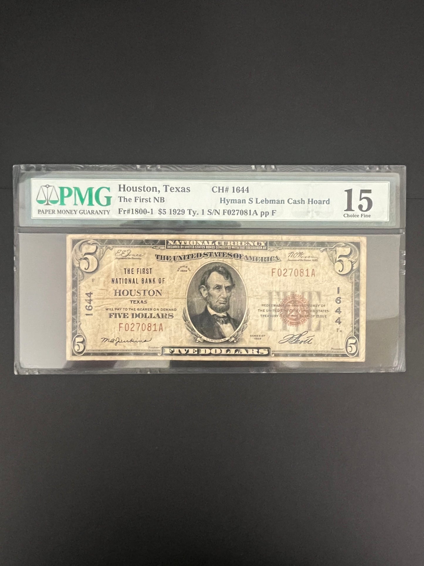 1929 $5 Houston TX First NB National - 7081A PMG 15