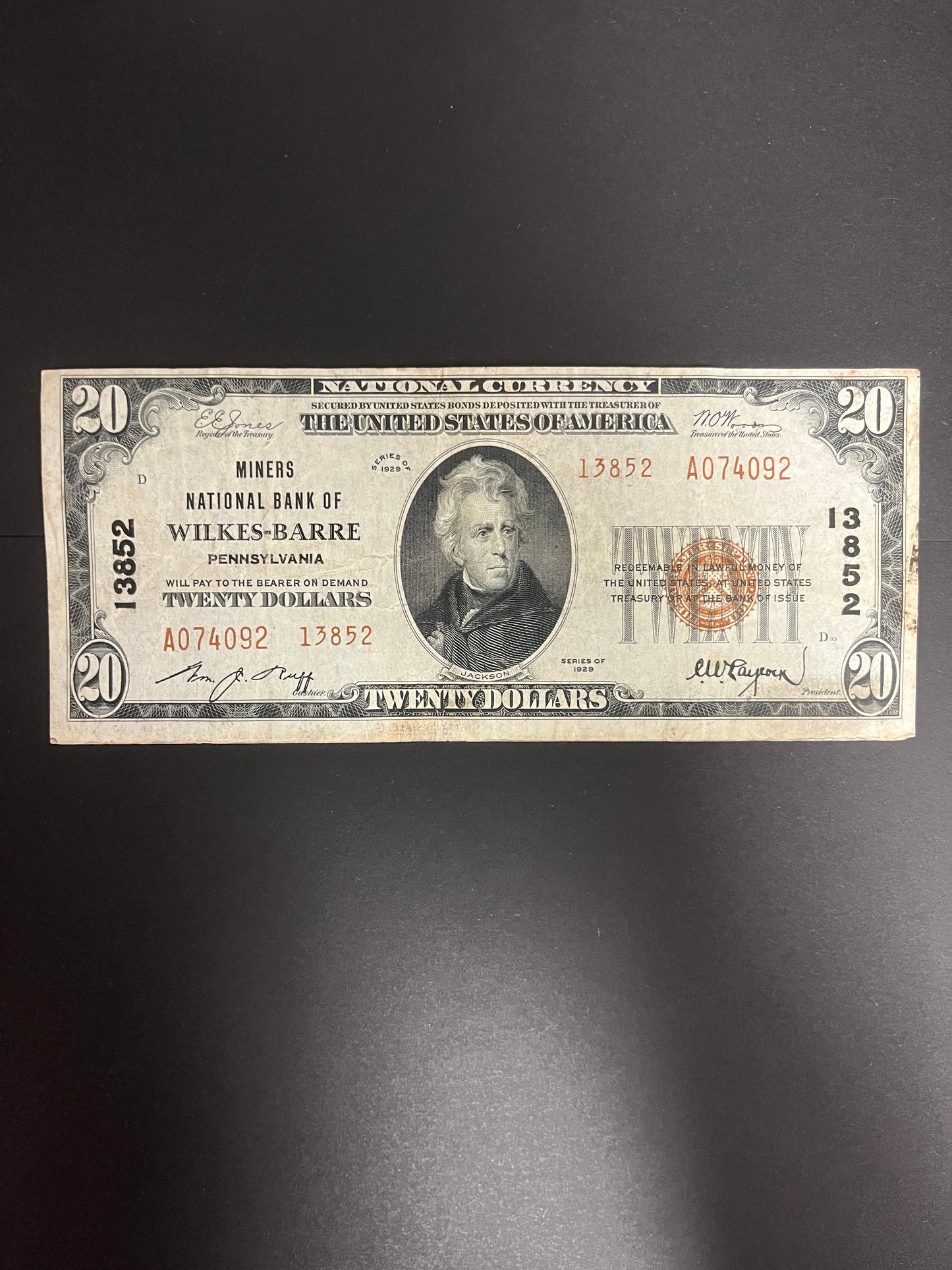 1929 $20 Miners NB Wilkes-Barre, PA Note - 4092