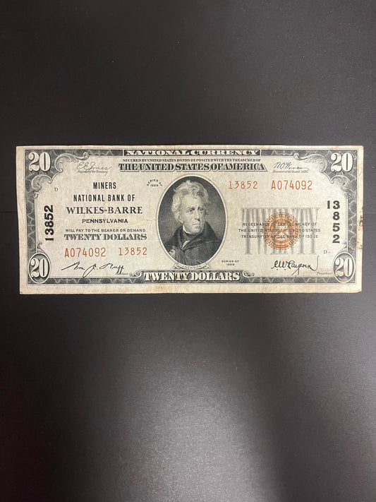 1929 $20 Miners NB Wilkes-Barre, PA Note - 4092
