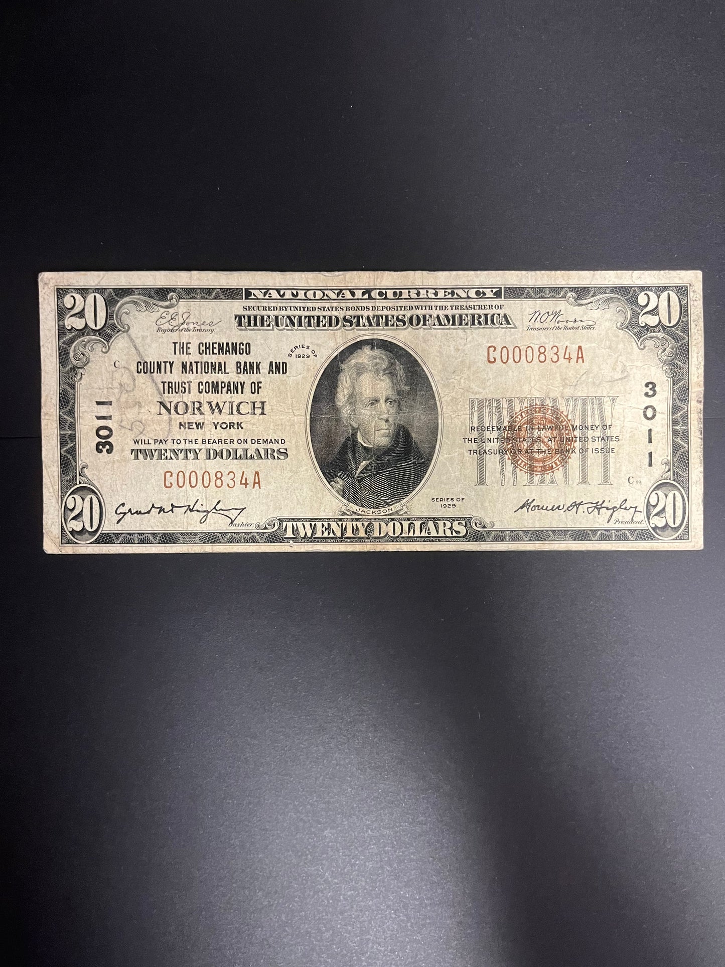 1929 $20 Chenango County NB Norwich, NY - C000834A