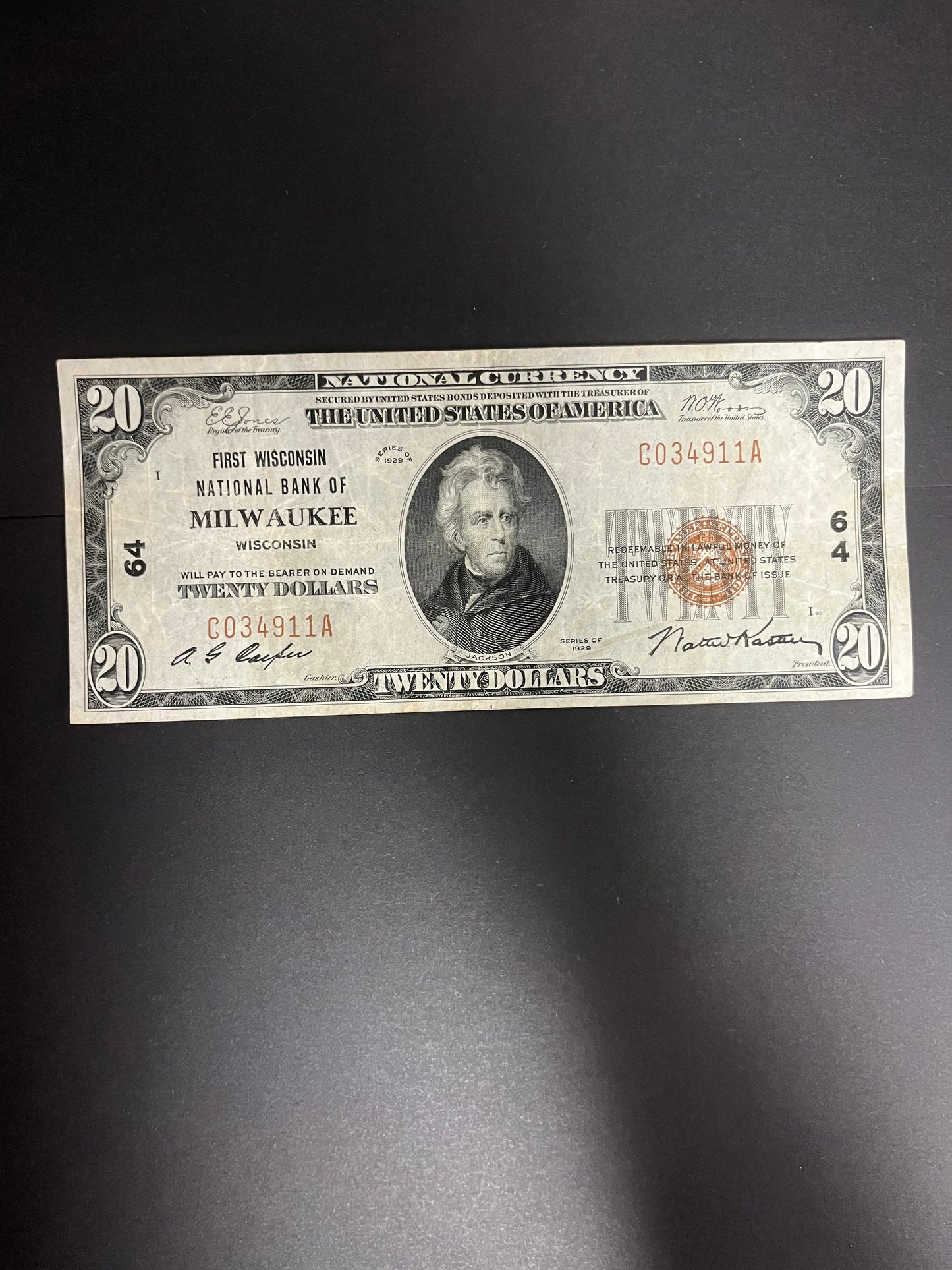 1929 $20 First Wisconsin NB of Milwaukee, WI  - C034911A