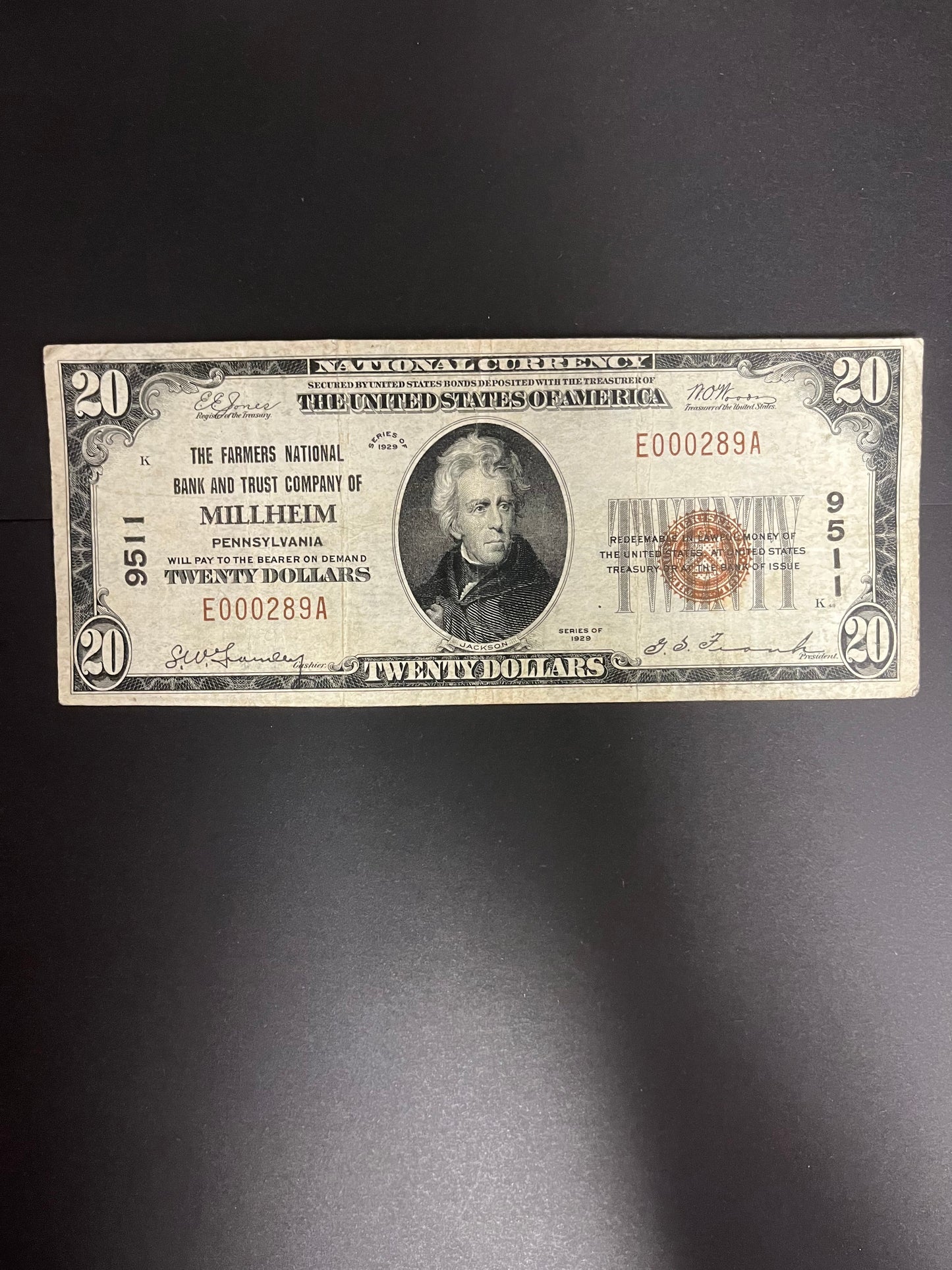 1929 $20 Farmers NB of Millheim, PA Note E000289A