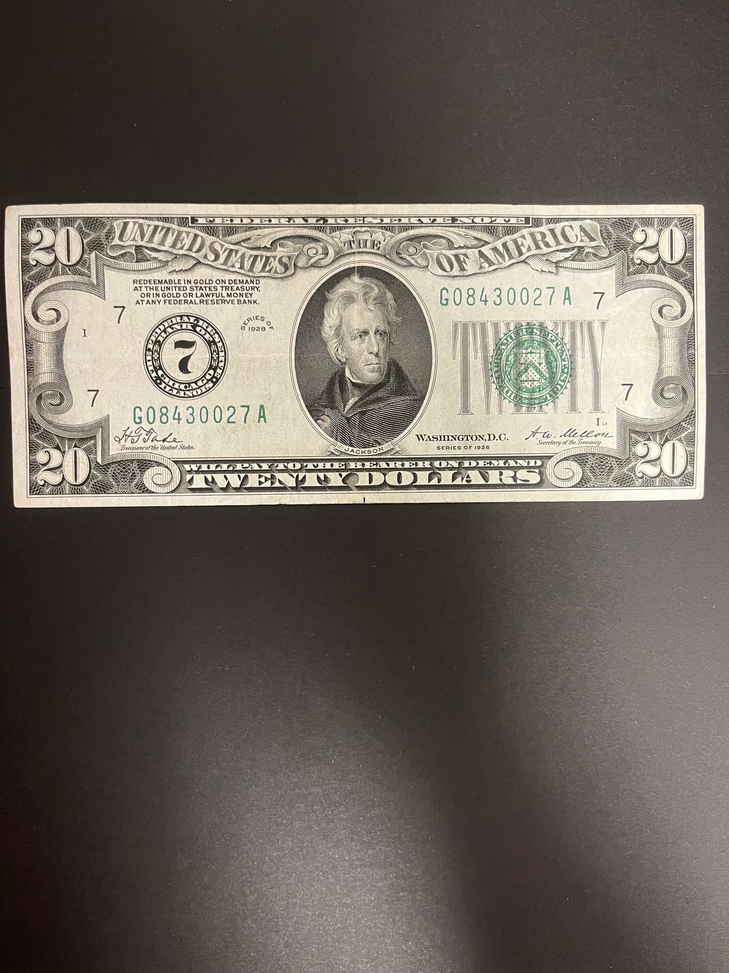 1928 $20 FRN Chicago, IL Numberical 7 Green Seal - 0027A
