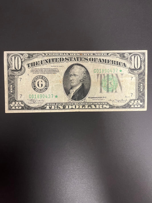 1934A $10 FRN Chicago, IL 0437  – Star Note Green Seal