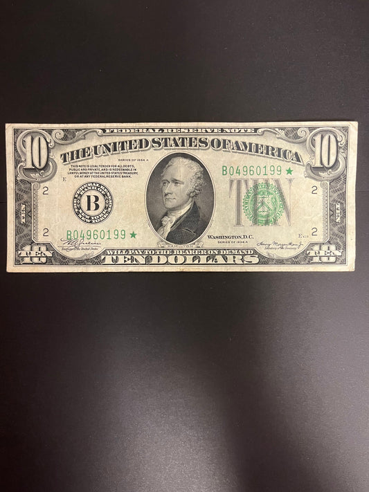 1934A $10 FRN Boston, MA 0199  – Star Note Green Seal